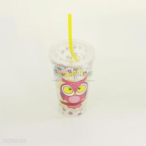 Cartoon Owl Printed Plastic Creative Fruit Juice for Summer Water Bottles Ice Plastic Cup with Yellow Straw