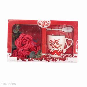 Ceramic couple mug cup with rose flower for gift