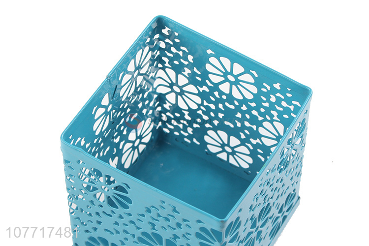 New arrival blue wrought iron snowflake square pen holder