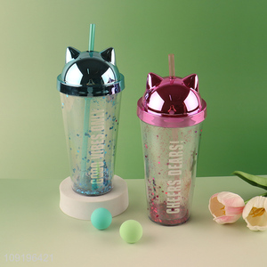 Good Quality 400ml Double Layer Plastic Tumbler with Lid & <em>Straw</em>