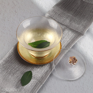 New Arrival Transparent <em>Glass</em> Tea <em>Cup</em> Set with Lid & Gold Saucer